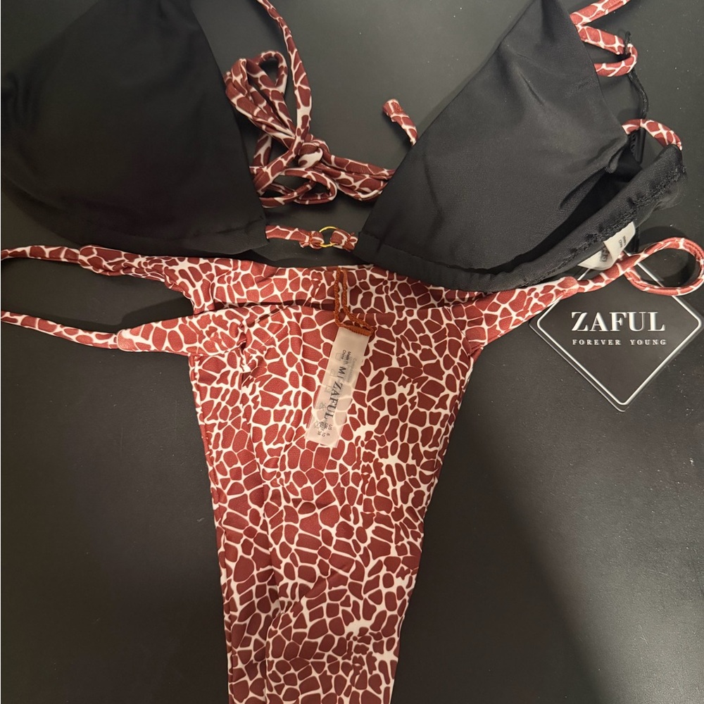 Zaful Black & Brown Pattern Triangle Bikini Set - Picture 4 of 6